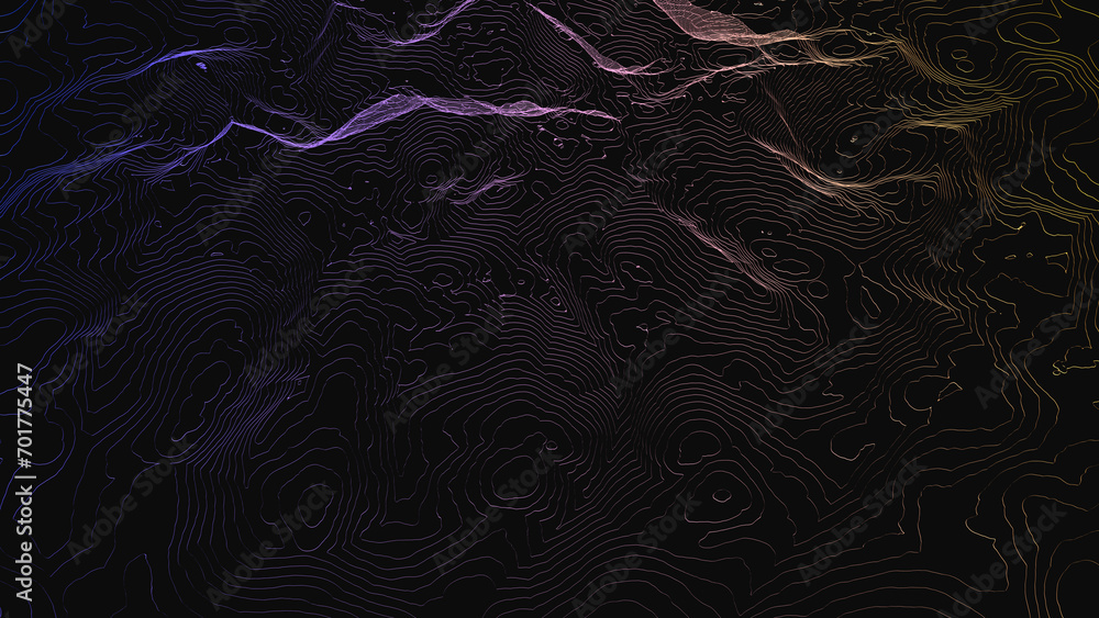 Obraz premium Mountainous landscape consisting of colored and curved contour lines - 3d illustration