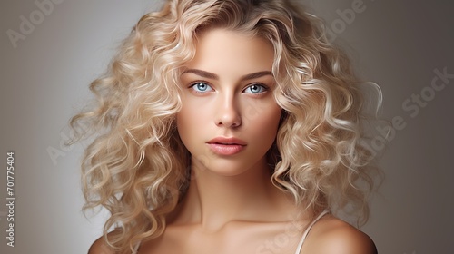 A woman with curly hair wearing natural makeup is posing in a studio shot.