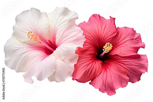 Top side closeup macro view of A collection of two, or three Hibiscus flowers isolated on a white background PNG © JetHuynh