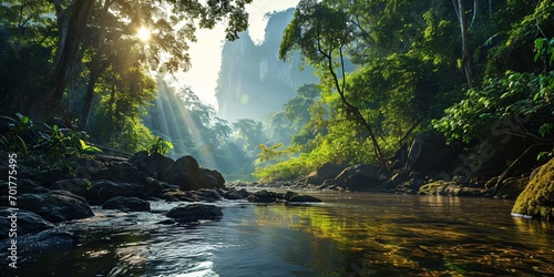 tropical rainforest river landscape, a mysterious temple in the jungle © Riverland Studio