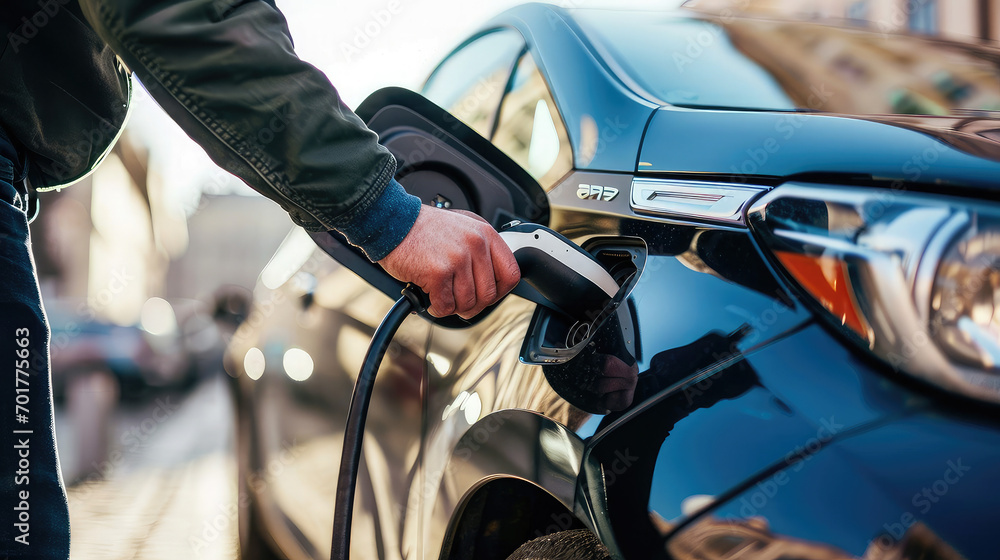 hyper realistic hand inserting a charging plug into electric car socket at charging station.