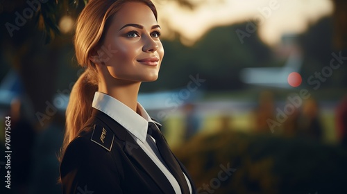 A young woman in a uniform is looking up at the sky as she waits for her flight in the park. photo