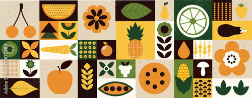 Food geometric mosaic background. Natural organic plants, fruits and vegetables patterned in a simple Swiss, bauhaus style. Vector illustration, eps 10