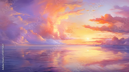 illustration sunset serenity, warm hues of orange, pink and lavender, copy space, 16:9