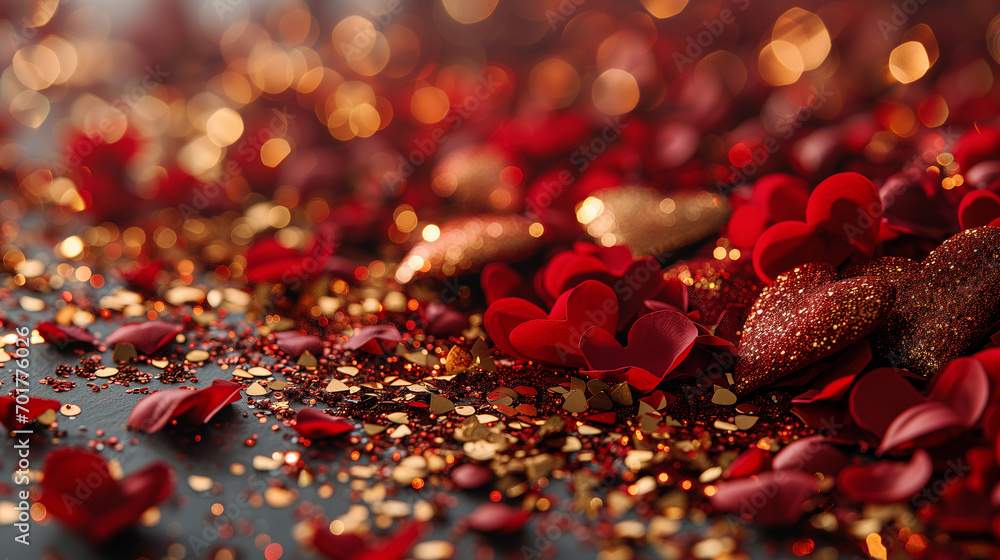 Valentines day banner with shining realistic red and gold 3d hearts with glitter texture and confetti. Background, flyer, invitation, poster, brochure, greeting card. Vector illustration