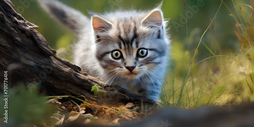 Little fluffy kitten in the grass, Small striped kitten sitting in the garden.  © Fatima