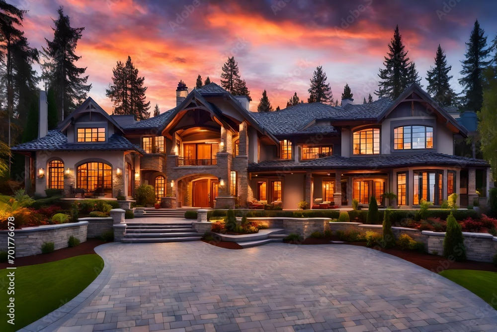 Beautiful Luxury Home Exterior at Twilight with Colorful Sunset Sky