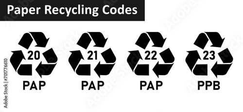 Paper recycling code icon set. Paper cardboard boxes recycling codes 20, 21, 22, 23 for industrial and factory uses. Triangluar mobius strip pap recycling symbols isolated on white background.