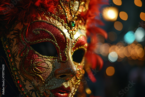 Carnival mask and colorful streamers on bokeh background