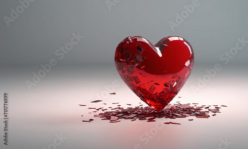 Red heart shaped object with a pile of petals on the ground