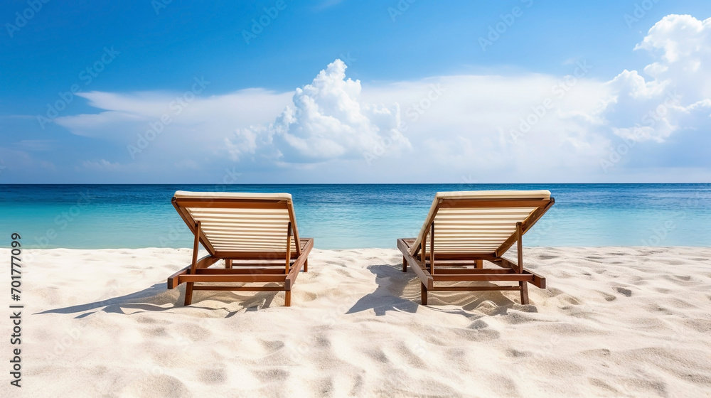 Two empty bamboo sun loungers on a sandy beach against the background of the sea on a sunny summer day