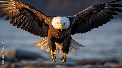 A bald eagle flying in the air