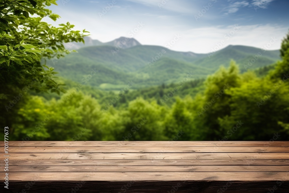 an empty wooden table against a backdrop of lush green nature