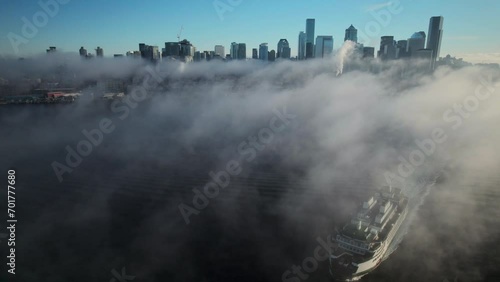 Epic Drone Shot of Ferry Boat Departing from Seattle