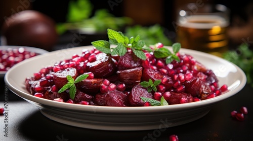  a bowl of beets and pomegranate on a table with a glass of beer in the background.