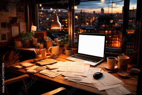 Mockup of an empty laptop screen with a copy space on the table at home under the light from a desk lamp by the window with a view of the evening city. Cozy evening at work or study