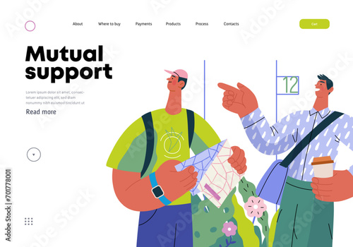Mutual Support: Directing a passerby -modern flat vector concept illustration of man pointing the way to a tourist. A metaphor of voluntary, collaborative exchanges of resource, services