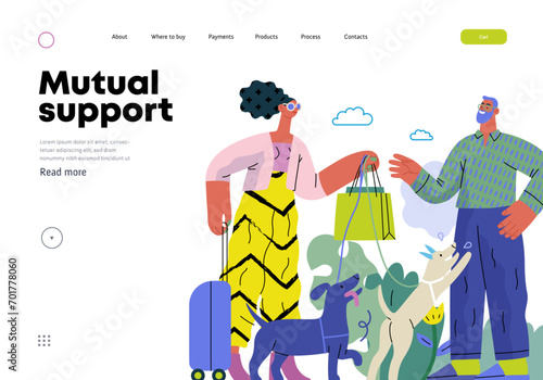 Mutual Support: Pet-sitting -modern flat vector concept illustration of a woman going on vacation leaving her dogs with neighbor. A metaphor of voluntary, collaborative exchanges of resource, services