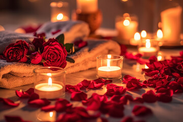 Couples spa retreat, an image showcasing a romantic spa retreat setup with candles, rose petals, and spa essentials, creating a serene and indulgent scene for couples on Valentine's Day.
