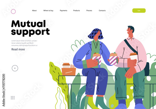 Mutual Support: Share food -modern flat vector concept illustration of woman offering half of her lunch to colleague in the park. A metaphor of voluntary, collaborative exchanges of resource, services