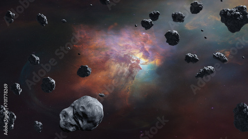 Asteroids in outer space on nebula background with starlight. Elements of this image furnished by NASA.
