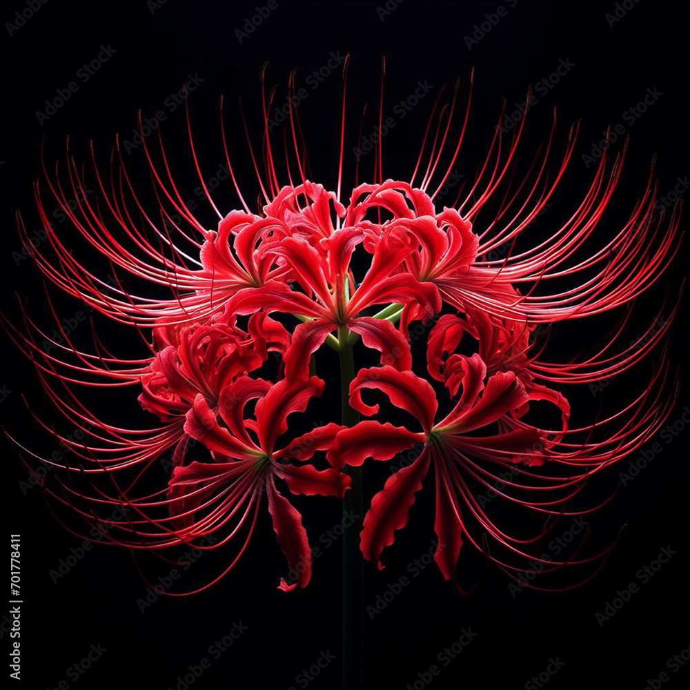 A red spider lily flower blooming isolated with black background. A red spider lily flower blooming isolated with black background.