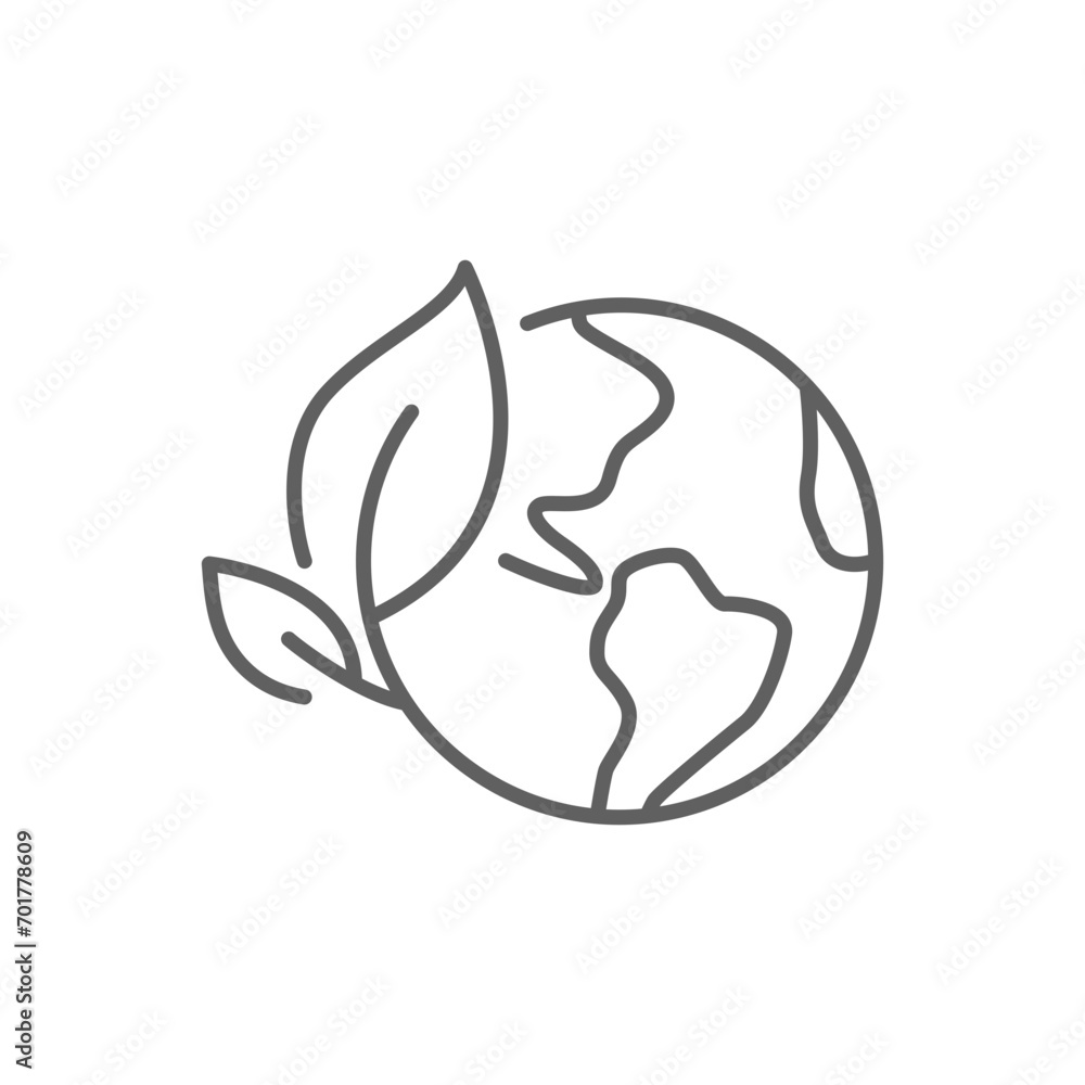 Green earth planet icon. Simple outline style. World ecology, globe with leafs, eco environment logo, save nature concept. Thin line symbol. Vector illustration isolated. Editable stroke. - obrazy, fototapety, plakaty 