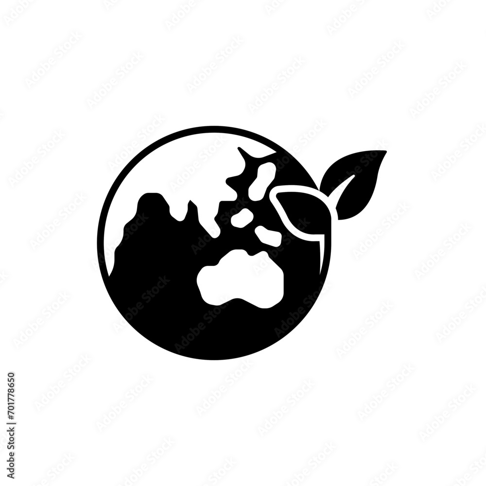 Green earth planet icon. Simple solid style. World ecology, globe with leafs, eco environment logo, save nature concept. Black silhouette, glyph symbol. Vector illustration isolated. Green earth planet icon. Simple solid style. World ecology, globe with leafs, eco environment logo, save nature concept. Black silhouette, glyph symbol. Vector illustration isolated.