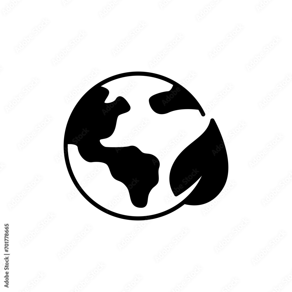 Green earth planet icon. Simple solid style. World ecology, globe with leafs, eco environment logo, save nature concept. Black silhouette, glyph symbol. Vector illustration isolated. Green earth planet icon. Simple solid style. World ecology, globe with leafs, eco environment logo, save nature concept. Black silhouette, glyph symbol. Vector illustration isolated.