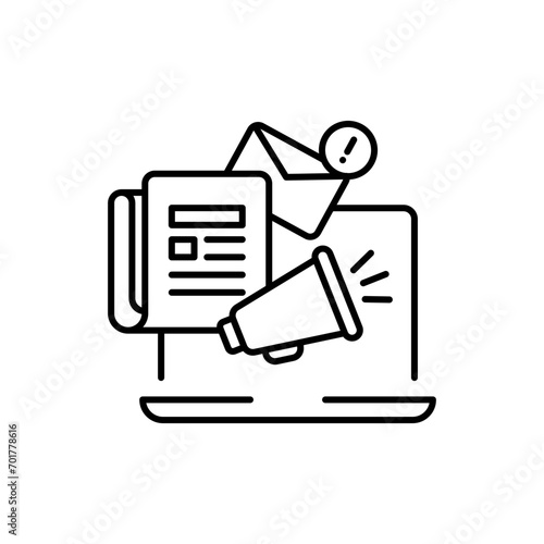 News content icon. Simple outline style. Media announce, newsletter update, digital press, coverage, laptop with megaphone concept. Thin line symbol. Vector illustration isolated. Editable stroke.