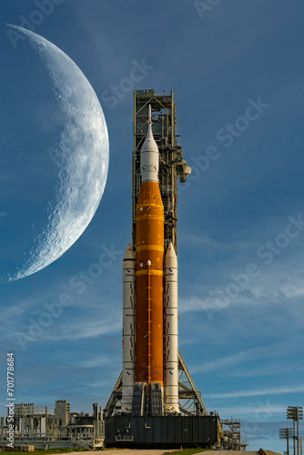 Fototapeta Naklejka Na Ścianę i Meble -  Orion spacecraft on launchpad on Moon background. Artemis space program to research solar system. Elements of this image furnished by NASA.