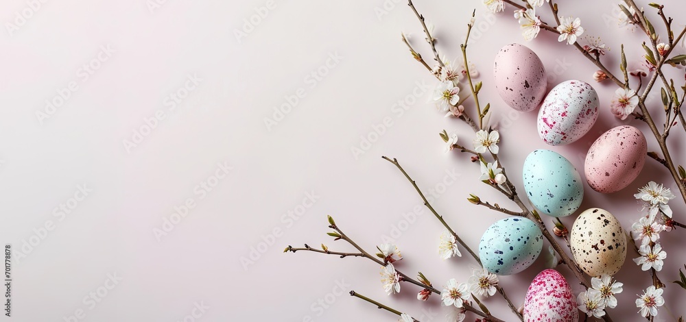 colorful small easter eggs with flowering branches on a light pink background with copy space - easter card background - spring design element - generative ai