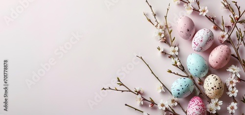 colorful small easter eggs with flowering branches on a light pink background with copy space - easter card background - spring design element - generative ai