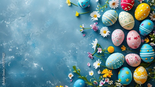colored easter eggs with daisies and flowers on a textured blue background - easter card background - spring design element - generative ai