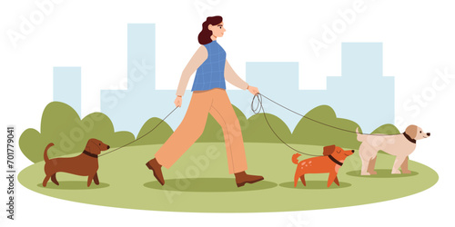 Concept of Dog Walking Service. Woman Walks with a Dogs in City Park. Volunteering.  Vector Flat Illustration.