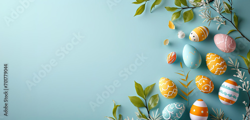 colorful small easter eggs with flowers and branches on a light blue background - yellow and green tones - easter card background - spring design element - generative ai photo