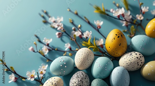 colorful small quail eggs with flowering branches on a light blue background - easter card background - spring design element - generative ai