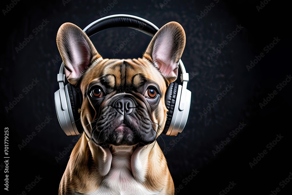 French Bulldog dog wearing headphones isolated on black background. Listen to music. Cover for design of music releases, albums and advertising. Music lover background. DJ concept.