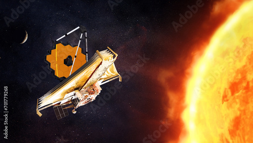 The James Webb telescope explores outer space on Sun background. Elements of this image furnished by NASA. photo