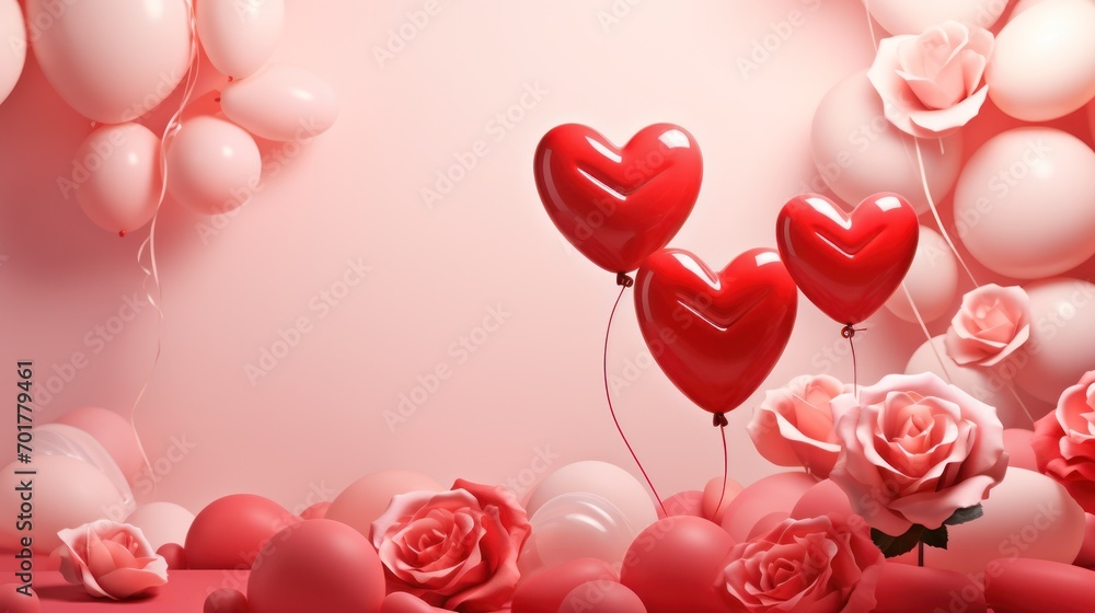 Des ballons en forme de cœurs sur un fond rose