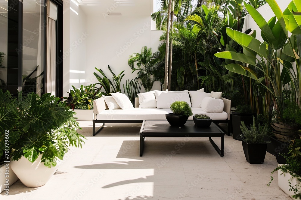 Chic Outdoor Lounge with Lush Greenery

