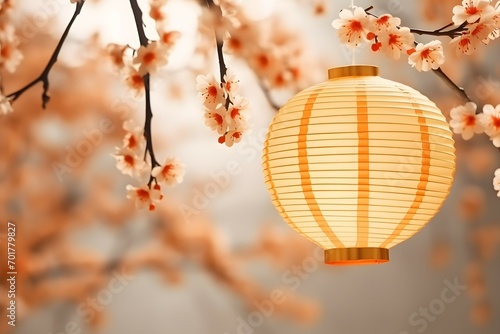 Festive Glow - Yellow Lanterns Amidst Cherry Blossoms for Lunar New Year
