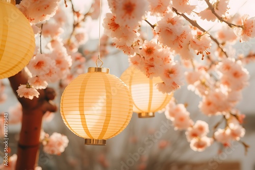 Festive Glow - Yellow Lanterns Amidst Cherry Blossoms for Lunar New Year