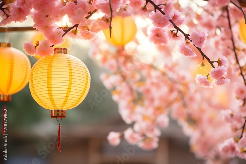 Festive Glow - Yellow Lanterns Amidst Cherry Blossoms for Lunar New Year