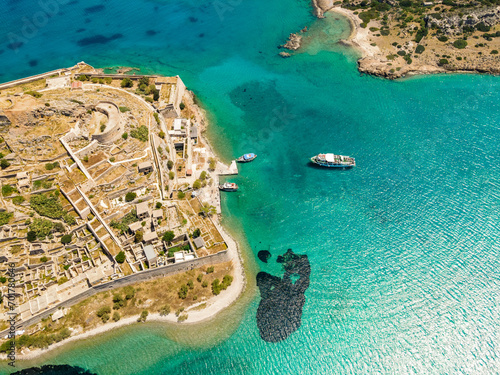 Top view of Spinalonga island with calm sea. Here were lepers humans with the Hansen's disease, gulf of Elounda, Crete, Greece.