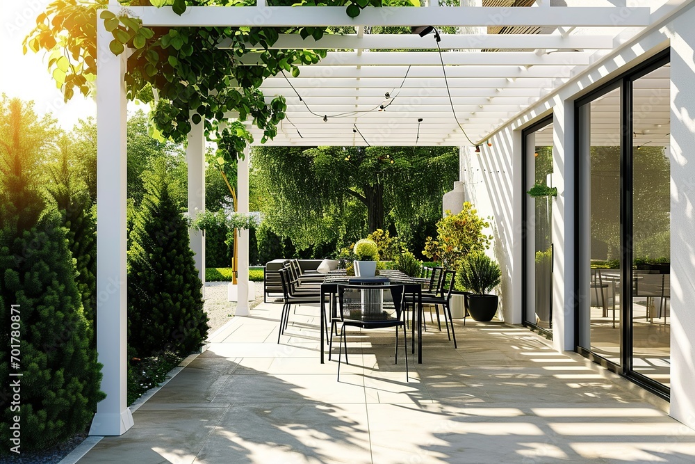 A sleek minimalist patio featuring a white pergola, a stylish black dining set, and potted plants, combining simplicity with modern outdoor elegance.