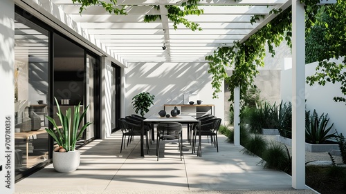 A sleek minimalist patio featuring a white pergola, a stylish black dining set, and potted plants, combining simplicity with modern outdoor elegance.