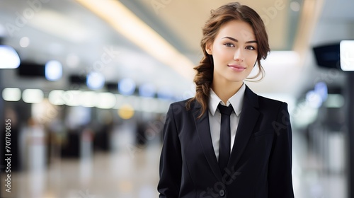 A portrait of a beautiful stewardess at the airport during a summer vacation and travel concept. photo