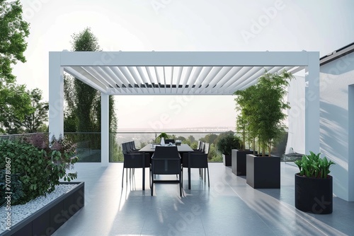 A sleek minimalist patio featuring a white pergola, a stylish black dining set, and potted plants, combining simplicity with modern outdoor elegance. photo
