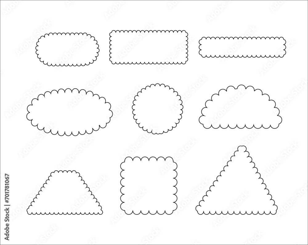 Circle and square scalloped frames. Scalloped edge rectangle and ellipse shapes. Simple label and sticker form. Flower silhouette lace frame. Circle and square scalloped frames. Scalloped edge rectangle and ellipse shapes. Simple label and sticker form. Flower silhouette lace frame.